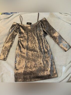 Pewter Sequin Off-Shoulder Mini Dress